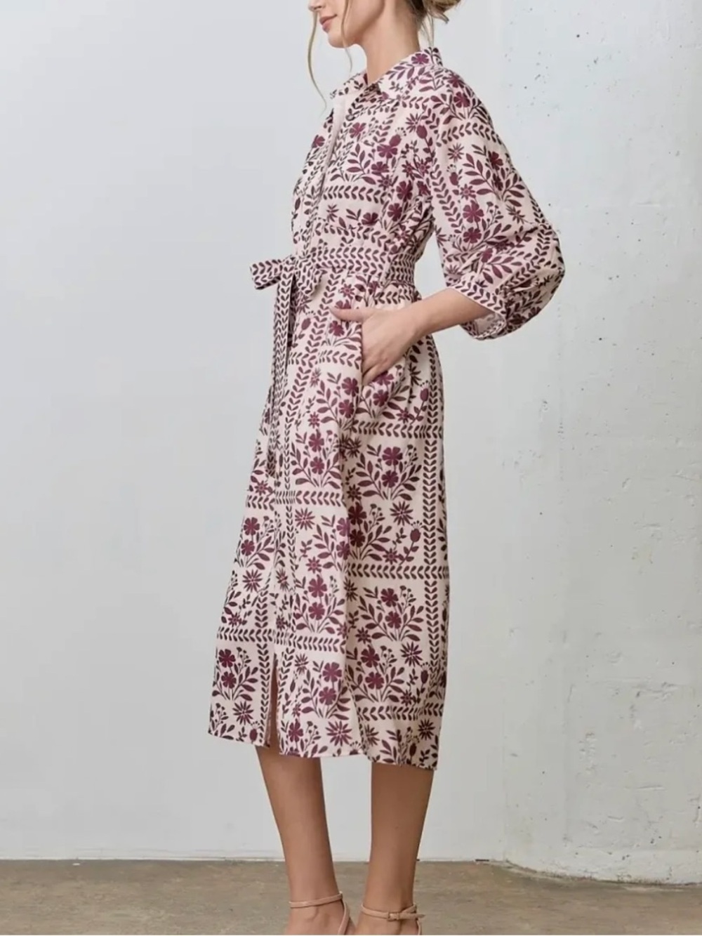 NWT ⛱️Polagram - Cream Elara Floral Print Button-Down Midi Dress - 1X - Picture 2 of 5